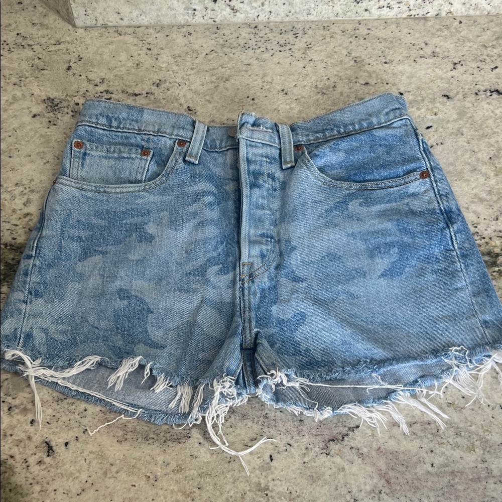 Levi's Light Blue Camo Frayed Jean Shorts